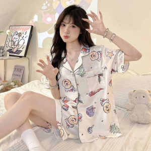 ชุดนอนผ้าไหมน้ำแข็งสำหรับผู้หญิงในฤดูร้อน ชุดอยู่บ้านลายการ์ตูนน่ารักและหวานๆ แขนสั้น คอกลม กระดุมหน้า ชุดนอนสบายๆ