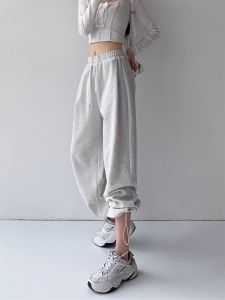 American Style plus Size Womens Casual Sports Pants High Waist Straight Leg Drawstring Two-Way Wear Wide Leg Pants