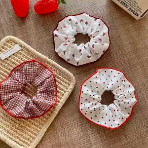 Scrunchie Red White Premium Fabric Karet Rambut Elastis Kain Motif Pinggiran Garis Aksesoris Rambut Polkadot Pita Hair Band Jumbo Tebal Pattern Korea Style Cepol Hijab Aesthetic