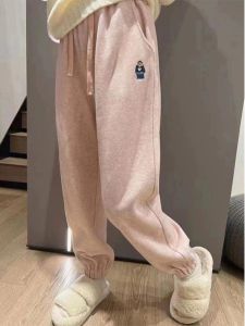 Thickened Fleece Harlan Style Womens Sports Sweatpants Autumn Winter High Waist Long Pants Casual Comfortable Bear Embroidery