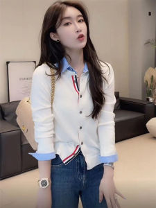 Color Block Polo Neck Knitted Long Sleeve Womens Sweater Jacket Slim Fit Cardigan Korean Style Commute Fashion Autumn Top