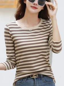 Womens Striped Long Sleeve T-Shirt Loose Fit Inner Wear Base Shirt Korean Style round Neck Classic Pattern Polyester Blend