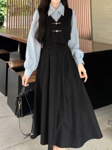 French Retro Academy Style Womens Dress Design Slimming Midwaist A-Line Skirt Fake Two-Piece Spring Fall Season Long Sleeves