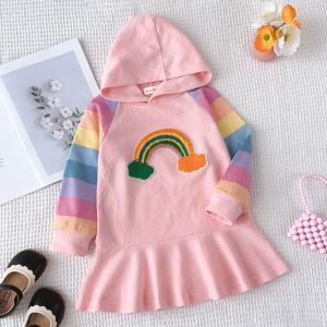 Gấu Lãnh Đạo Mùa Thu đầm cầu vồng Mới Cho bé gái Đầy Màu Sắc Khăn Thêu Đảng đầm công chúa phiên bản hàn quốc Dài Tay Áo Trẻ Em Quần Áo Giản Dị áo nỉ có mũ Trang Phục 2-6 Năm