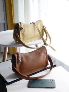 Fashionable Soft Cowhide Leather Shoulder Crossbody Bag for Women Mahjong Underarm Bag Zipper Closure Pure Color Leisure Bag