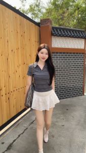 ครีม/น้ำตาล/เทาเข้ม SLYQ GINGER STRIPE POLO TOP เสื้อโปโลแขนสั้นลายขวางเล็ก