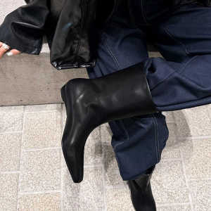 Leather Version~ Autumn Winter New Retro Slope Heel Middle Tube Loose Sleeve Knight Boot Smoke Tube Genuine Leather Short Boot Women