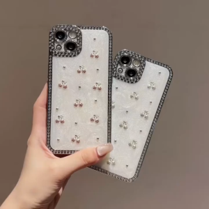 3D Inlaid Rhinestone Cherry Electroplating Soft Case for iPhone 13 14 15 16 17 Pro Max Water Drill Enclosure Border Protection Cover for iPhone 16 Pro Max Case