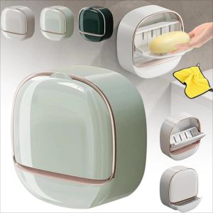 Bathroom Light Luxury Soap Box Wall-Mounted Soap Box with Lid Flip-Top Laundry Soap Box Punch-free Bathroom Toilet Soap Storage Rack