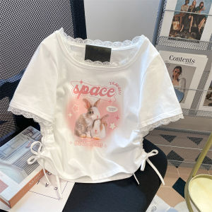 French Milk Gentle Sweet Short Sleeve T-Shirt Womens Summer Pure Desire Silm Shoulder Lace Edge Drawstring Short Tops