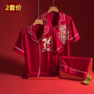 Luxury Ice Silk Short Sleeve Sleepwear Set for Newlyweds Couples Red Home Clothes Mens Style Summer Thin Fabric Home Suit