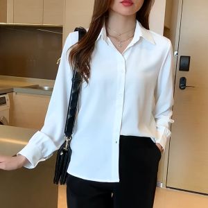 Korean Style Women Elegant  Satin Silky Blouse Temperament Casual Top
