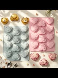 12-Cell Heart-shaped Bear Cat and Dog Design Silicone Chocolate Mold Food Grade Cookie Mould Dessert Tools Kitchen Bakeware