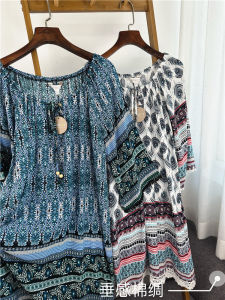 ชุดเดรสยาวผ้าไหมคอตตอนระบายอากาศสบายสไตล์โบฮีเมียนฤดูร้อน แขนยาว กระโปรงทรงเอ ลายดอกไม้ สไตล์เรโทร สวมใส่สบาย