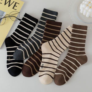 Tất Ống Dài Kẻ Sọc Cao Co Giãn Cao Cho Nữ Tất Ống Dài Xếp Nếp Đa Năng Thời Trang Học Sinh Tất Ống Dài 5 Đôi