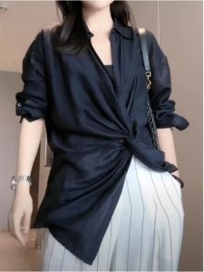 เสื้อเชิ้ตสีดำสไตล์ฝรั่งเศส ดีไซน์ไม่สม่ำเสมอ ไซส์ใหญ่ แฟชั่น คุณภาพสูง ฤดูใบไม้ร่วง 2025 ใหม่ เสื้อเชิ้ตผู้หญิง