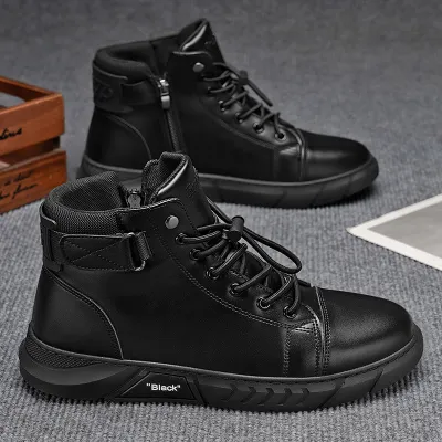 1 Pair Men&aposs High-Top Motorcycle Boots Band Black Solid Color for All Seasons Outdoor Sports Casual Wear - Large Size Ver