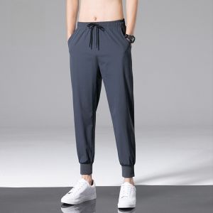 ROMON | Lormen Mens Casual Pants Summer Thin Ice Silk Breathable Loose Straight Tube Harem Sports Elastic Nine-point Pants