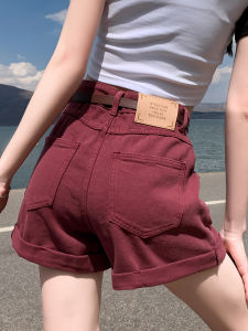 QIAOMIDUO | Summer Red Cuffed Denim Shorts Womens Plus Size Colorful American Spicy High Waist Hot Short Pants High Waist Short Length