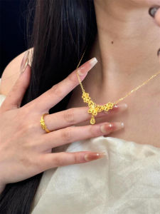 Elegant 24K Gold Butterfly Blooming Necklace New Chinese Style Luxury Bridal Fashion Clavicle Chain Pendant Womens Jewelry