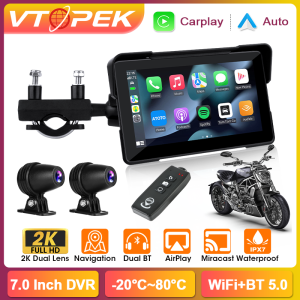 Vtopek 7 Inch 2K Portable Motorcycle Display IPX7 Waterproof Monitor Bluetooth Wireless Carplay Android Auto GPS Navigation WiFi