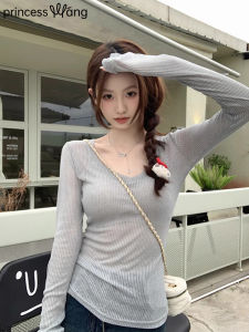 WANGGONGZHU | Slim Fit Long Sleeve V Neck T Shirt Womens Thin Fashionable Hot Girl Inner Wear Autumn New Style Princess Style Commute Style