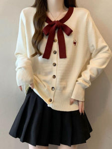 Áo Len Cardigan Dệt Kim Màu Đỏ Có Nơ Bướm Cỡ Lớn Cho Nữ Phong Cách Hàn Quốc Giảm Tuổi Tác Mùa Thu 2025 Áo Khoác Ngoài