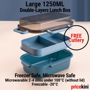Lunch Box | Kotak Makan 1250ml Double Layer PP5 BPA Free Material | Microwave Safe Leak Proof Bento Box for Office School Student with Free Spoon and Fork | PriceKini