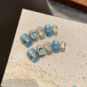 [Yan Li] Blue Island Buchilati Blue Cats Eye Handmade Wear Nail Tip Shining Short Manicure for Women