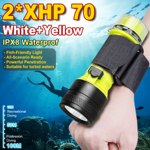Professional Diving Flashlight XHP70 White+Yellow Dual Light 100m Scuba Dive Torch IPX8 Rechargeable for Cave Night Spearfishing