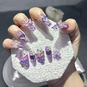 10 Pieces Purple Fantasy Butterfly Fake Nails Heart Diamond Sparkling Nail Art Patch Y2K Spice Girls Handmade Wearable Nails
