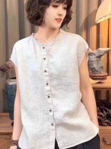 เสื้อเชิ้ตแขนกุดคอตุ้มสไตล์ลำลองสำหรับผู้หญิงไซส์ใหญ่ในช่วงฤดูร้อน ผ้าลินินผสมคอตตอน ทรงหลวม ดีไซน์เก๋ไก๋ ปิดด้วยกระดุมเดียว