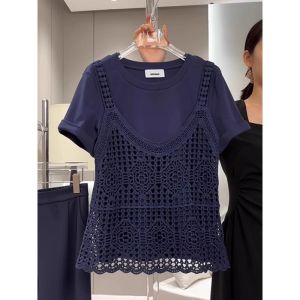 WANGGONGZHU | Fashionable Hollow Out Round Neck Short Sleeve T-Shirt Womens Summer New Design Slimming Top Princess Style Korean Loose Fit