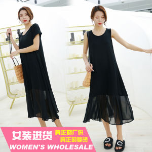 Summer New Style Modal Splice Chiffon Dress Trendy Loose Slim round Neck OL Large Swing Long Skirt Korean Version Solid Color