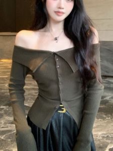 GUZILIAN | Autumn Short Sleeveless One Shoulder Long Sleeve Base Shirt Womens Inner Wear Design Sense Knitted Top Stylish Initial Feeling