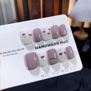 Handmade Short Purple Nail Tips Hand-Painted Wearable Nails Student Popular Beauty Nail Stickers Gentle Color Series from China