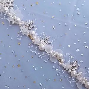 YADORNOS【Terenkripsi dan menebal】 Baru Pengantin Bunga Mutiara Imitasi Kristal Tenun Tangan Daun Emas Pernikahan Ikat Kepala Rambut Band