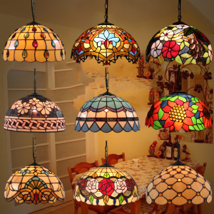 European Style Tiffany Glass Pendant Light Restaurant Bar Dining Room Kitchen LED Lamp Vintage Colored Glass Entrance Hall