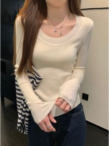 Elegant French Style Long Sleeve Knitted Top Womens Slim Fit U-Neck Base Shirt Autumn New Arrival Fashion Commute Wind