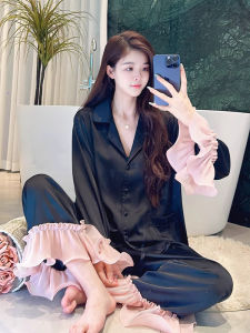 Spring Autumn Womens Sleepwear Long Sleeve Satin Home Clothes Sweet High-End Feeling Lace Edge Light Luxury Home Clothes