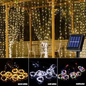 【Ready Stock】3*3M LED Outdoor Solar Lamp String Lights Curtain Light Garland for Party Wedding New Year Christmas Decorations Solar Garden Fairy Light Waterproof