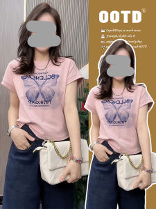 Retro American Short Sleeve round Neck Loose Fit Butterfly Print Top for Women Summer Fashionable Casual T-Shirt
