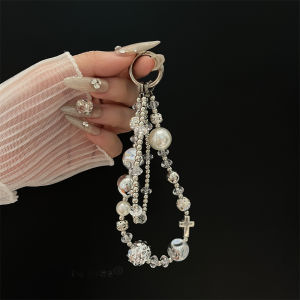New Silver High-End Feel Mobile Phone Chain Womens Style Bracelet Keychain Beaded Short Chain Hanging Ornament Anti-Lost