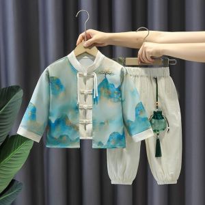 Chinese Ethnic Style Cotton Linen Boys Tang Suit Spring and Autumn Long Sleeve Children Hanfu Baby Kids Birthday Clothes Set Terno Boy Traditional Costumes Chinese New Year Outfit