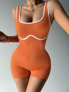 DPSTGYM-Womens Low V-Neck Yoga Jumpsuit One-Piece Sports Shorts Set Open-Back Gym Tracksuit Fitted Ribbed Workout Set.