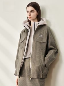 HR | HR Helena Womens Loose Fit Vintage Workwear Jacket Autumn 2025 Stand Collar Tartan Pattern Embroidery Zipper Decorated Top