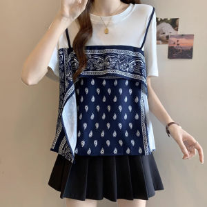 BINKAFENNY | Unique Blue Short Sleeve T-Shirt Womens Summer Fashionable Stylish Beautiful Top Design Sense Patchwork Unique Stylish Lovely