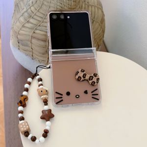Sanrio | Ốp Điện Thoại Hello Kitty Có Dây Buộc Hoạt Hình Họa Tiết Da Báo Nơ Kim Cương Cho Samsung Galaxy Z Flip Chống Sốc Chống Trầy Xước Chống Nước