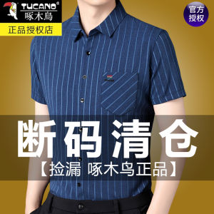 TUCANO Mens Casual Shirt Short Sleeve Linen Summer New Style Middle-aged Dad Business Casual Vertical Stripes Shirt