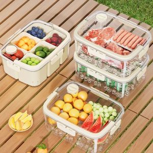 ตะกร้าตั้งแคมป์ปิกนิกกล่อง Crisper สำหรับกลางแจ้งกล่องเบนโตะแบบตะแกรงเกรดอาหารกล่องปิดผนึกกล่องเก็บผลไม้ใส
